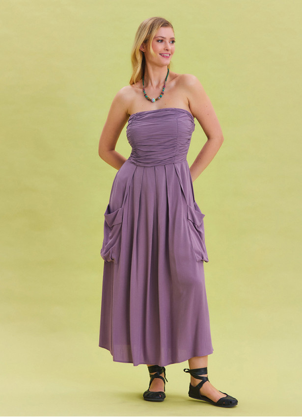 Strapless Chest Pocket Detailed Lilac Flared Dress 4460